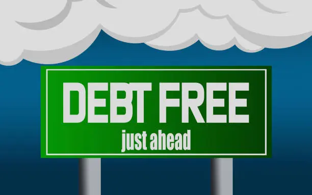 Debt free sign under cloudy sky.