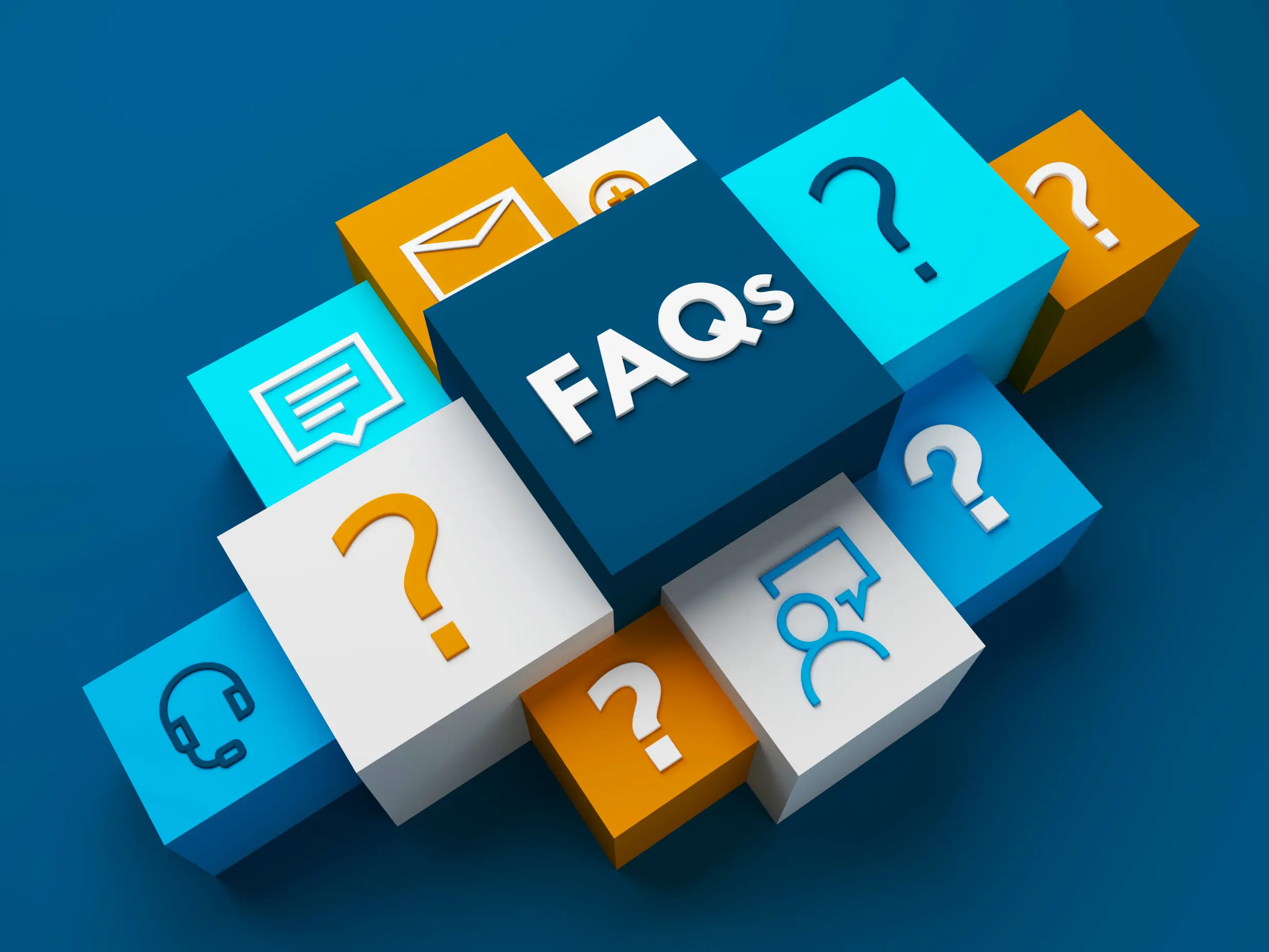 3D render of FAQs business concept 3D render of perspective view of FAQs business concept with symbols on colorful cubes on dark blue background